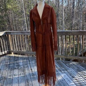 VTG 90s Arden B leather suede crochet patchwork fringe full length coat jacket